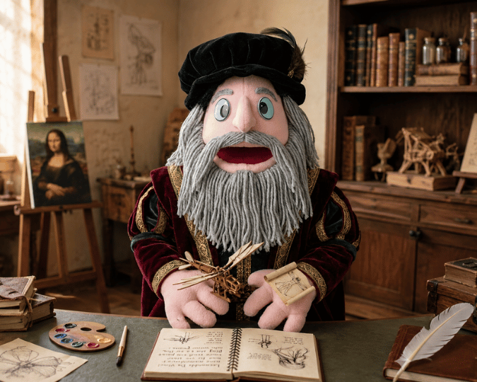 Leonardo DaVinci puppet introducing curiosity, inventions and Italian vocabulary to children